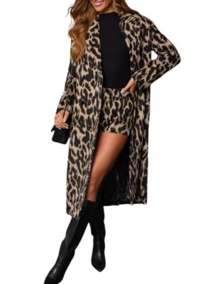 Women's Faux Suede Leopard Midi Long Trench Coat Double Breasted Notch Lapel Pea Coat Overcoat