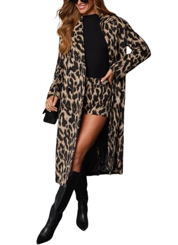 Women's Faux Suede Leopard Midi Long Trench Coat Double Breasted Notch Lapel Pea Coat Overcoat