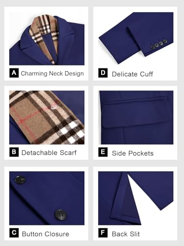 Men's Pea Coat with Detachable Plaid Scarfs Fall Single Breasted Wool Blend Trench Coat Winter Overcoat