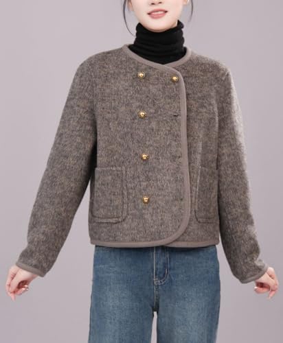 Women Cropped Wool Cotas Double Breasted Short Wool Pea Coat Tweed Jacket Outerwear