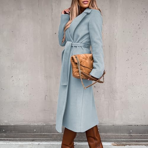 Women's Long Wool Pea Coats with Belt Elegant Lapel Collar Wool Blend Trench Coat Fall Winter Warm Overcoat