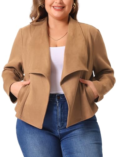 Plus Size Faux Suede Jacket for Women Lapel Long Sleeve Open Front Cardigans Outerwear Jackets