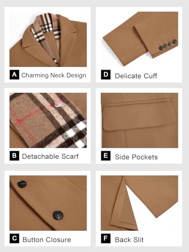 Men's Pea Coat with Detachable Plaid Scarfs Fall Single Breasted Wool Blend Trench Coat Winter Overcoat