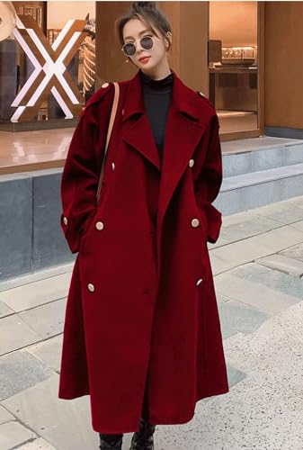 Women's Winter Double Breasted Midi Long Wool Pea Coat Notch Lapel Winter Trench Coat
