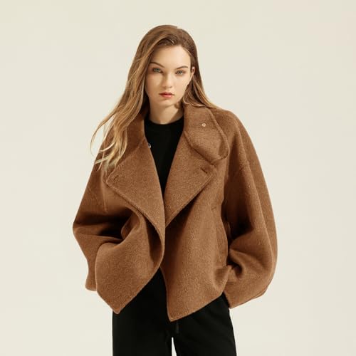 Women Cropped Thicken Wool Coats Oversized Short Jackets Notched Lapel Pea Coat Trench Overcoats with Pockets
