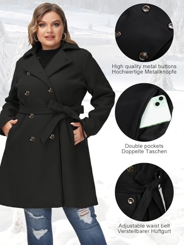 Women Plus Size Double Breasted Wool Pea Coat Notch Lapel Trench Coats Mid Long Winter Outerwear with Belt