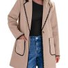 Pea Coats for Women Trendy Embroidered Contrast Trim Long Peacoat Jackets Lapel Button Winter Coat with Pockets