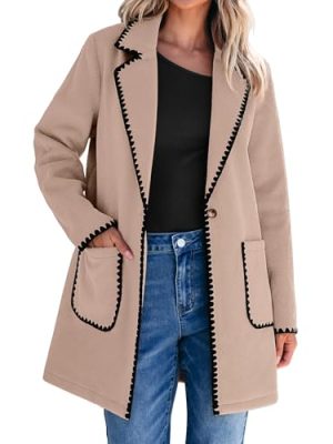 Pea Coats for Women Trendy Embroidered Contrast Trim Long Peacoat Jackets Lapel Button Winter Coat with Pockets