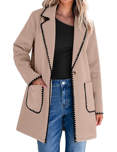Pea Coats for Women Trendy Embroidered Contrast Trim Long Peacoat Jackets Lapel Button Winter Coat with Pockets
