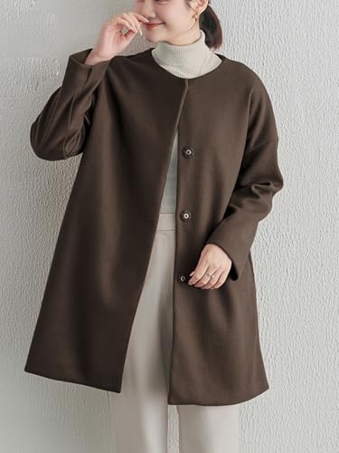 Women's Fall Collarless Single Breasted Midi Long Wool Coat Business Casual Winter Pea Coat
