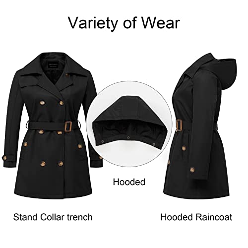 Women's Plus Size Trench Coat Double-Breasted Classic Lapel Overcoat Belted Outerwear Coat with Detachable Hood