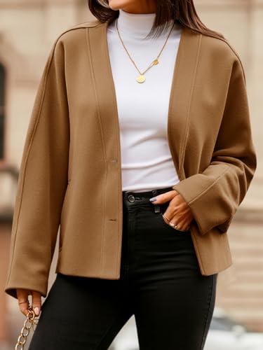 Womens Cropped Wool Blend Pea Coat Casual V Neck Button Down Short Jackets Fall Shackts with Pockets