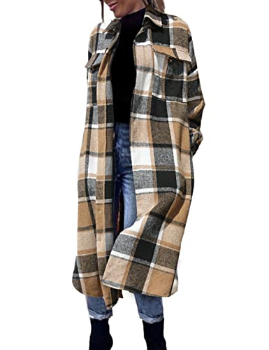 Women’s Long Plaid Shacket Wool Blend Button Down Shirt Jacket Coat with Pockets
