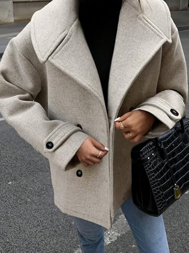 Women's Winter Loose Fit Cropped Wool Coat Double Breasted Dressy Short Blazer Jacket Peacoat