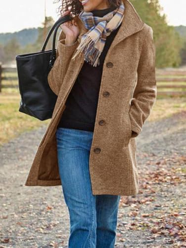 Women's Casual Thicken Single Breasted Pea Coat Stand Collar Mid Long Wool Coats with Pockets