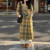 Women's Plaid Wool Coat Notch Lapel Overcoat Winter Long Trench Coat Double Breasted Pea Coat