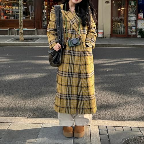Women's Plaid Wool Coat Notch Lapel Overcoat Winter Long Trench Coat Double Breasted Pea Coat