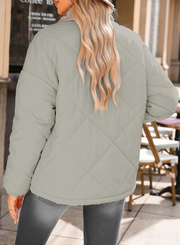 Women's Winter Casual Quilted Jackets Long Sleeve Button Down Puffer Jacket Padded Outerwear Coats