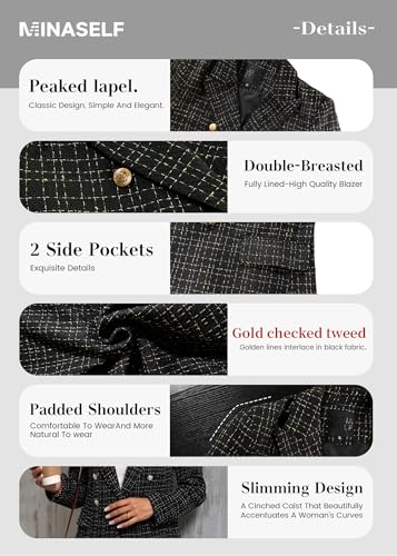 2025 Fall Women's Tweed Plaid Blazer Jacket - Fully Lined Fashion Business Casual Lapel Elegant Coat with Pockets