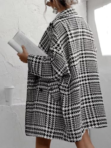 Womens Oversized Blazed Collar Double Breasted Overcoat Thick Plaid Pea Coat Jacket Long Trench Coat
