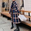 Women's Tweed Double Breasted Wool Coat Plaid Notch Lapel Mid Long Peacoat Winter Trench Coat