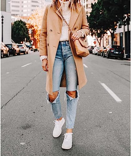 Women's Double Breasted Peacoat Wool Notched Lapel Trench Coat Winter Mid Length Long Jacket Overcoat