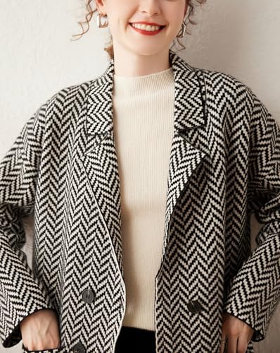 Women's Winter Herringbone Striped Notch Lapel Wool Trench Coat Double Breasted Peacoat