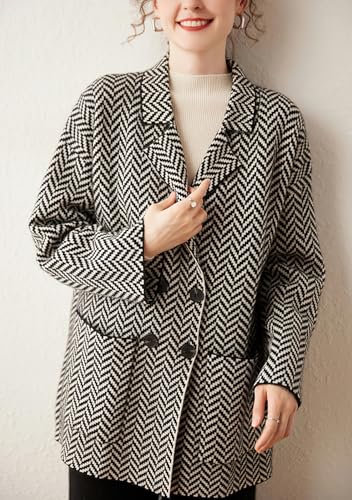 Women's Winter Herringbone Striped Notch Lapel Wool Trench Coat Double Breasted Peacoat