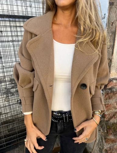 Women's Retro Lapel Double Breasted Wool Coat Business Casual Wool Blend Pea Coat Overcoat