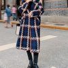 Women's Tweed Double Breasted Wool Coat Plaid Notch Lapel Mid Long Peacoat Winter Trench Coat