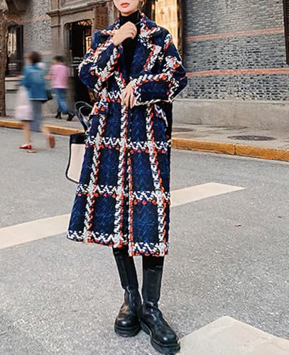 Women's Tweed Double Breasted Wool Coat Plaid Notch Lapel Mid Long Peacoat Winter Trench Coat
