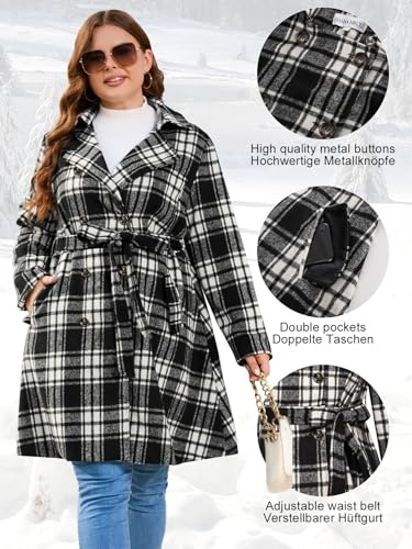 Women Plus Size Double Breasted Wool Pea Coat Notch Lapel Trench Coats Mid Long Winter Outerwear with Belt