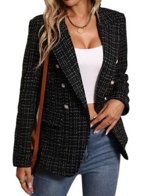 2025 Fall Women's Tweed Plaid Blazer Jacket - Fully Lined Fashion Business Casual Lapel Elegant Coat with Pockets