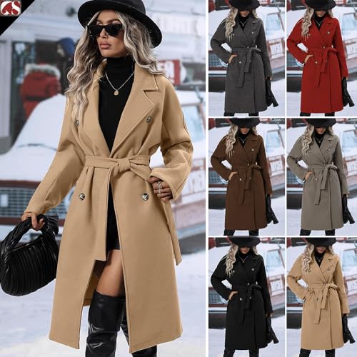 Womens Long Wool Pea Coat Notched Lapel Double Breasted Trench Coat Winter Warm Overcoat with Belt
