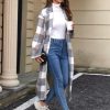 Women's Plaid Wool Coat Shacket Jacket Casual Long Sleeve Laple Button Down Flannel Trench Coats