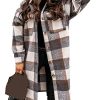 Womens Plaid Shacket Brushed Flannel Shirt Jacket Mid Long Wool Blend Tartan Coat