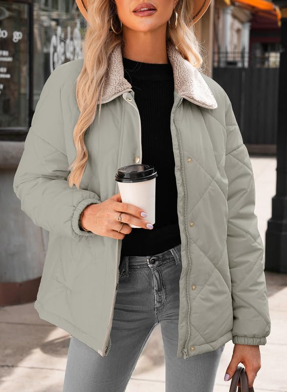 Women's Winter Casual Quilted Jackets Long Sleeve Button Down Puffer Jacket Padded Outerwear Coats