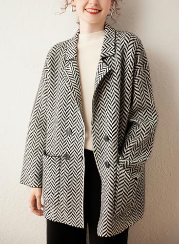 Women's Winter Herringbone Striped Notch Lapel Wool Trench Coat Double Breasted Peacoat