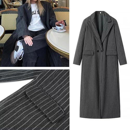 Womens Long Wool Pea Coat Business Casual Striped Trench Coat Winter Warm Notched Lapel Overcoat