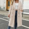 Women's Long Coat Notched Lapel Collar Double Breasted Pea Coat Winter Elegant Wool Blend Over Coats Jackets