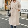 Women's Long Coat Notched Lapel Collar Double Breasted Pea Coat Winter Elegant Wool Blend Over Coats Jackets