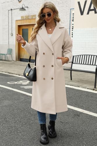 Women's Long Coat Notched Lapel Collar Double Breasted Pea Coat Winter Elegant Wool Blend Over Coats Jackets