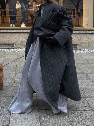 Womens Long Wool Pea Coat Business Casual Striped Trench Coat Winter Warm Notched Lapel Overcoat
