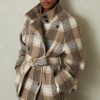 Women's Stand Collar Plaid Wool Coat Peacoat Winter Overcoat Mid Long Trench Coat with Belt