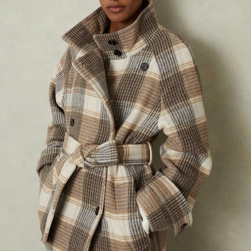 Women's Stand Collar Plaid Wool Coat Peacoat Winter Overcoat Mid Long Trench Coat with Belt
