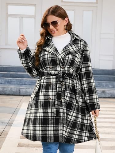 Women Plus Size Double Breasted Wool Pea Coat Notch Lapel Trench Coats Mid Long Winter Outerwear with Belt