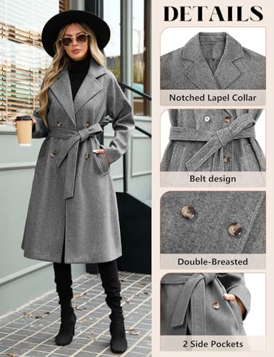 Women's Elegant Pea Coat Lapel Collar Double Breasted Trench Jacket Fall Slim Long Outerwear with Belt Pockets