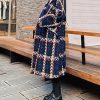 Women's Tweed Double Breasted Wool Coat Plaid Notch Lapel Mid Long Peacoat Winter Trench Coat