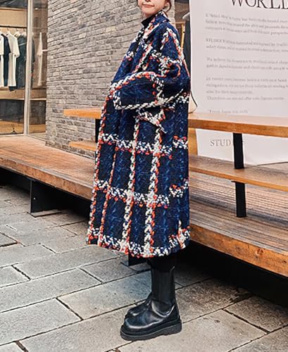 Women's Tweed Double Breasted Wool Coat Plaid Notch Lapel Mid Long Peacoat Winter Trench Coat