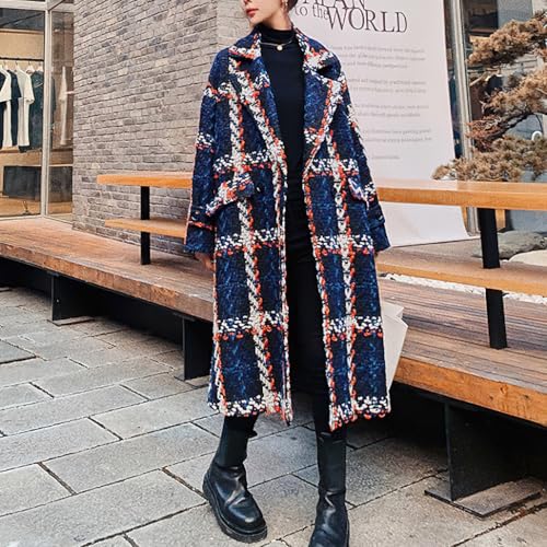 Women's Tweed Double Breasted Wool Coat Plaid Notch Lapel Mid Long Peacoat Winter Trench Coat